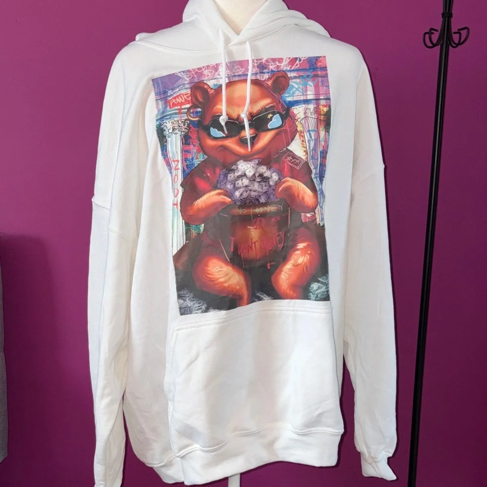 MENS Gildan White Hoodie with Graphic Bear Print - Picture 3 of 5